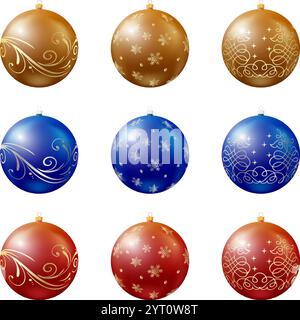 Set aus bunten Neujahrsbällen mit verschiedenen Ornamenten. Weihnachtsbaumspielzeug. Weihnachten und Neujahrsfeiern. Vektorabbildung Stock Vektor