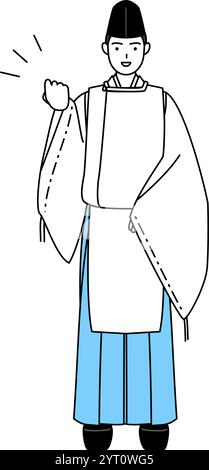 Priester des Schreins, trägt Eboshi und Kariginu, posiert mit Eingeweiden, Vektor-Illustration Stock Vektor