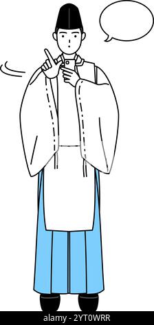 Priester des Schreins, trägt einen Eboshi und Kariginu, bedient ein Smartphone, Vector Illustration Stock Vektor