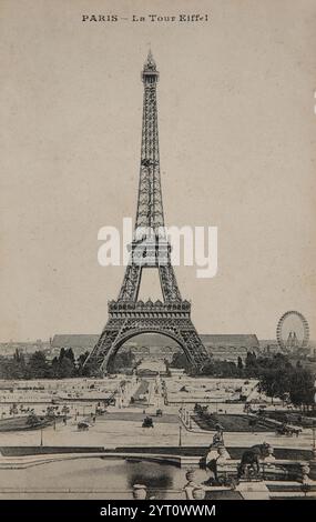 Seltene alte Ansichtskarte mit Blick auf den Eiffelturm in Paris, Frankreich, um 1900 Stockfoto