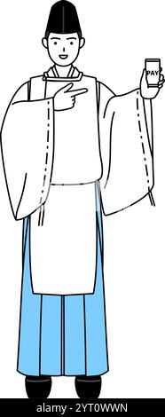 Priester des Schreins, trägt Eboshi und Kariginu, empfiehlt bargeldlose Online-Zahlungen auf einem Smartphone, Vector Illustration Stock Vektor