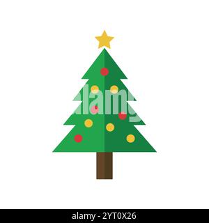 Weihnachtsbaum, minimalistisches Design, flache Illustration, grüne dreieckige Form, gelber Stern, rote und gelbe Ornamente, brauner Stamm, festlich, holi Stock Vektor