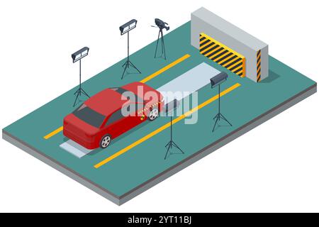 Der isometrische Crashtest bewertet die Fahrzeugsicherheit durch Simulation von Kollisionen. Es bewertet die strukturelle Integrität, den Fahrgastschutz und das System Stock Vektor