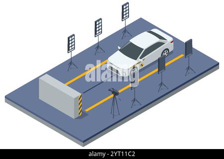 Der isometrische Crashtest bewertet die Fahrzeugsicherheit durch Simulation von Kollisionen. Es bewertet die strukturelle Integrität, den Fahrgastschutz und das System Stock Vektor