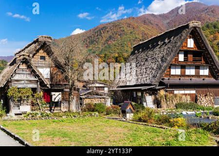 Traditionelle Bauernhäuser mit Gassho-zukuri-Dach in Ogimachi (Shirakawago/Japan) Stockfoto