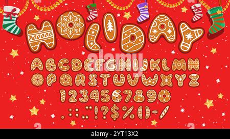Weihnachtskekse, Bäckerei Schriftart, Weihnachtsgebäck, Weihnachtsgebäck, süßes englisches Alphabet. Vektor festliche abc Buchstaben, Zahlen und Symbol Cookie Zeichen dekoriert mit Zucker Zuckerglasur Stock Vektor