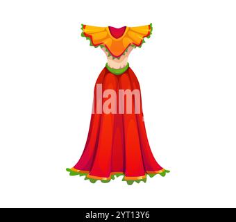 Traditionelle mexikanische Frauen tragen sich in roten und orangen Farben mit grünen Akzenten und betonen die reiche Kultur und den festlichen Geist Mexikos. Isoliertes Vektorkleid symbolisiert kulturelle Feierlichkeiten Stock Vektor