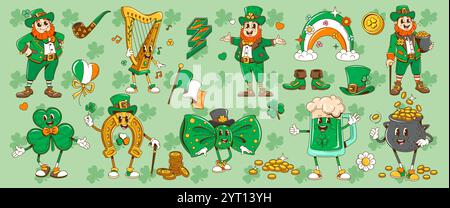 Cartoon Retro-groovige Figuren und Objekte zum Feiertag des Heiligen Patrick. Irische St Patricks Vektorfiguren, lustige Leprechauns, Trefoil-Schamrock, Goldmünzen, Topf und Regenbogen, Hippie-Blumen, grünes Bier Stock Vektor