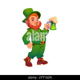 Der irische Kobold hält einen schäumenden Bierkrug. Einsamer Vektor fröhlicher, fröhlicher Elf in grünem Anzug, fröhlich in der Hand eines Tankers traditionelles Bier, um den St. Patrick Day zu feiern Stock Vektor