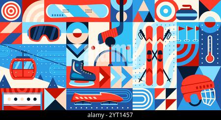 Hintergrund mit abstraktem geometrischem Muster für Wintersport. Vector Moderne, stilvolle Fliesen, die Wintersportausrüstung wie Ski, Helme, Brillen und Hockeyschläger mit klaren Linien und auffälligen Formen präsentieren Stock Vektor