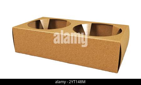 Ein Kartonbehälter mit zwei kreisförmigen Fächern, der normalerweise zur Aufbewahrung von Lebensmitteln wie Snacks oder Vorspeisen verwendet wird. Stockfoto