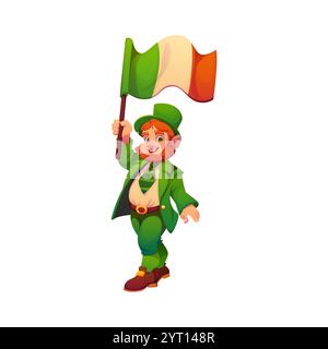 Die Figur eines Kobold-Zeichentrickers, der die irische Flagge schwenkt. Isolierte Vektor-Fantasy-Persönlichkeit in traditioneller grüner Kleidung verkörpert irische Folklore und festlichen Geist der St. Patrick Day Feiern Stock Vektor