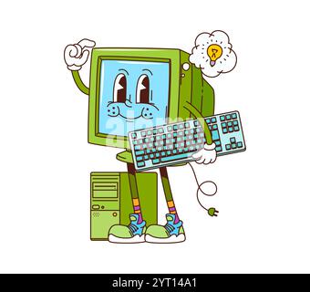 Grooviger Computercharakter im Retro-Look. Cartoon-Vektor-pc-Personage mit Glühbirnenwolke über dem Monitor und Tastatur in den Händen, die die nostalgische Atmosphäre der Vintage-Elektronik mit ihrem blauen Bildschirm einfängt Stock Vektor