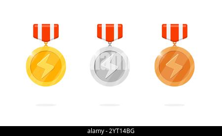 Glücksspiel Ehre Medaillenabzeichen mit leuchtendem Blitzsymbol. Gold-, Silber-, Bronze-Medaillons. Design-Element für die Benutzeroberfläche der Videospiel-App. Leader-Bonus und Gewinner-Place-Symbol-Kit Stock Vektor
