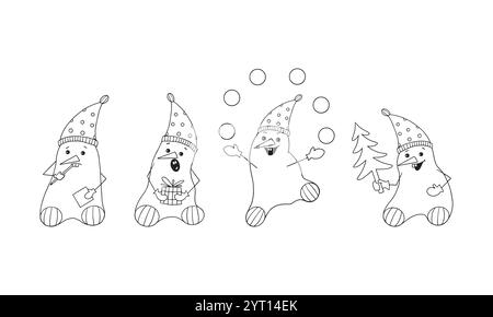 Set lustiger Schneemänner in Hüten und mit einem Lächeln auf dem Gesicht mit einem Weihnachtsbaum, Mandarinen, einem Geschenk und einem Blatt zum Schreiben. Neujahrsgruß ca. Stock Vektor