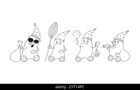 Set lustiger Schneemänner in Hüten und mit einem Lächeln im Gesicht mit einem Besen, einer Tasche, Bällen und einer Karotte. Design einer Neujahrsgrußkarte zur Bearbeitung Stock Vektor
