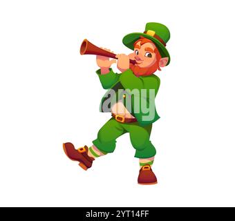Zeichentrickfilm irischer Kobold-Mann in grünem Outfit und Hut, der Holzflöte spielt, um den St. Patrick Day zu feiern. Isolierter Vektor fröhliche Elfenfigur der Folklore mit rotem Bart und magischem Charme Stock Vektor