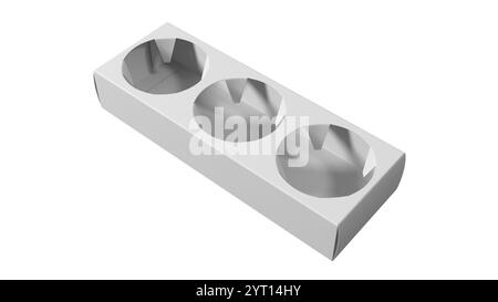 Eine einfache weiße Verpackungsschale für drei Artikel mit drei kreisförmigen Einkerbungen. Stockfoto