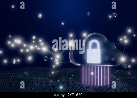 Eine digitale Cloud mit Vorhängeschloss, die Cybersicherheit und Datenschutz im Netzwerkhintergrund symbolisiert. 3D-Rendering Stockfoto