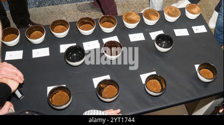 Gemahlener Kaffee und Kaffeebohnen in einer Holzschale, Kaffeehintergrund auf einem Holztisch, Kaffeeverkostung. Stockfoto