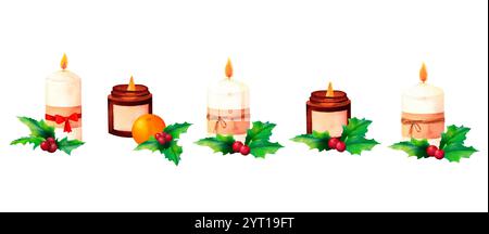 Cozy Candlelight Komposition Set: Eine Aquarelldarstellung einer beleuchteten Kerze, die mit roten Bändern und stechpalme verziert ist. Ideal für Mockups zur Weihnachtsdekoration Stockfoto