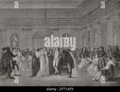 Teresa Cabarrús (Juana María Ignacia Teresa Cabarrús Galambert), bekannt als Madame Tallien (1773–1835). Spanische Dame, Geliebte und spätere Ehefrau des französischen Politikers Jean-Lambert Tallien (1767–1820). Der Salon von Madame Tallien, 1795. Eine Abendparty im revolutionären Paris. Gravur von Gusman. "Geschichte der Französischen Revolution". Band I, Teil 2, 1879. Stockfoto