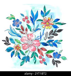 Handgemaltes Blumenarrangement in Aquarellen mit lebhaften Farben und komplexen Details der Schönheit der Natur Stockfoto