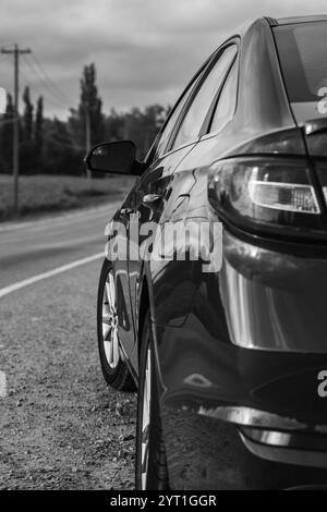 Ein einsames Auto parkt am Autobahnrand. Stoßfänger hinten und Rückleuchten des roten Autos, das auf der Landstraße geparkt ist, Rückansicht. Das Auto hat auf dem Roa angehalten Stockfoto