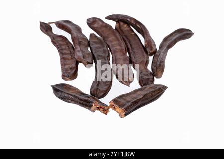 Gruppe von Johannisbrotschoten isoliert auf weißem Hintergrund. Stockfoto
