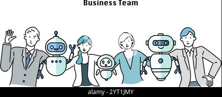 Geschäftsteam – Illustration eines Geschäftsteams und eines Roboters – Startup-Entwicklung – Team steht zusammen – Vector Material Stock Vektor