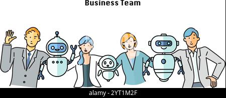 Teamwork-Geschäftsleute und Roboter mit Lächeln-Vektor-Illustration Stock Vektor