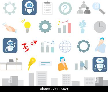 Flacher Symbolsatz: Einfache Vektorillustrationen für Chatbot-Marketing und -Kommunikation Stock Vektor