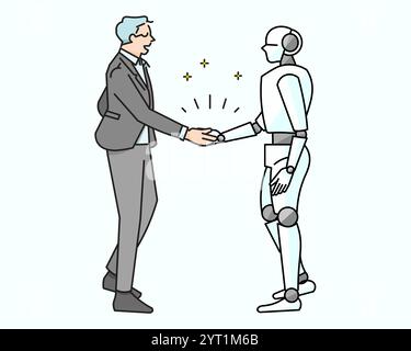 Geschäftsmann-Geschäftsfrau und Roboter schütteln Hand Startup - Entwicklungsteam arbeitet zusammen - Web-Symbole Vektor-Illustration Stock Vektor