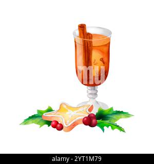 Glühwein und weihnachtliche Leckereien: Ein Aquarelldesign mit Glas, einem Lebkuchenstern-Keks und stechpalmenblättern und Beeren. Perfekt für den Urlaub Stockfoto