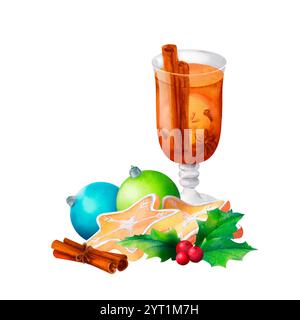 Glühwein und weihnachtliche Leckereien: Ein Aquarelldesign mit Glas, einem Lebkuchenkeks, stechpalme und bunten Kugeln. Perfekt für Urlaubsrezept bo Stockfoto