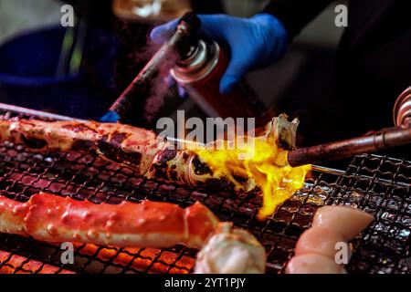 Ein erfahrener Koch brennt gekonnt Meeresfrüchte und Fleisch, moderne Kochtechniken und lebendige Aromen Stockfoto