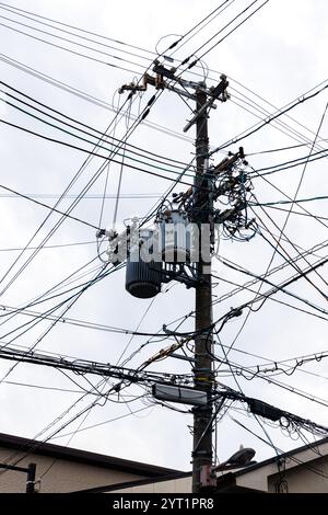 Eine detaillierte Ansicht mit einem Versorgungsmast mit Stromleitungen und Transformatoren vor einem bewölkten Himmel Stockfoto