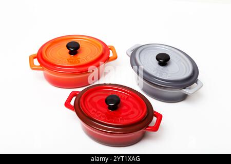 Drei kleine individuelle Backformen mit Deckeln auf weißem Hintergrund. Ofenfeste Töpfe, Mini-Cocottes in Rot, Orange und Grau Stockfoto