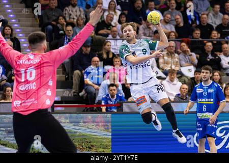 ANDREAS FLODMAN (FRISCH AUF! Goeppingen, #09) erzielt ein Tor, Aktion, Torwurf gegen Miljan VUJOVIC (TVB Stuttgart, #16) TVB Stuttgart (TVB) vs. FRISCH AUF! Goeppingen (FAG), Handball, Maenner, Daikin 1. Handball-Bundesliga (HBL), 14. Spieltag, Spielzeit 2024/2025, 05.12.2024 Foto: Eibner-Pressefoto/Oliver Schmidt Stockfoto