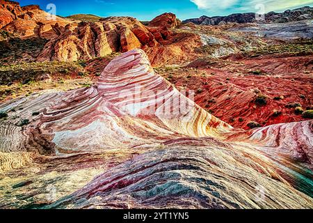 Eine Bergkette mit einem rot-weiß gestreiften Hügel. Die Farben sind lebhaft und die Landschaft ist wunderschön Stockfoto