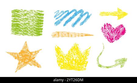 Zeichenstil des Tafel-Vektors, der dem Kunstwerk der Kinder ähnelt. Handgezeichnete Kreidelinien und -Texturen sind abgebildet Stock Vektor