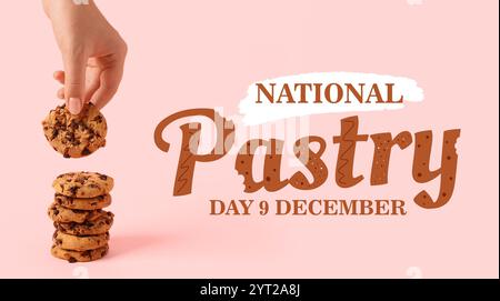 Frauenhand und leckere Kekse mit Schokoladenchips auf rosa Hintergrund. Banner für den Nationalfeiertag Stockfoto