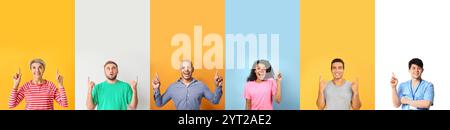 Collage von Menschen mit erhöhten Zeigefingern auf farbigem Hintergrund Stockfoto