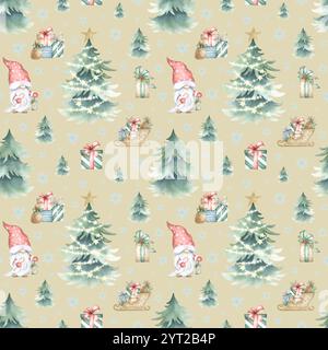 Nahtloses Weihnachtsmuster mit Gnom, Fichte mit strahlenden Lichtern, Geschenkboxen und Schlitten. Aquarellillustration auf Beige für festliches Neujahrspackpapier, Textil und Designs. Stockfoto