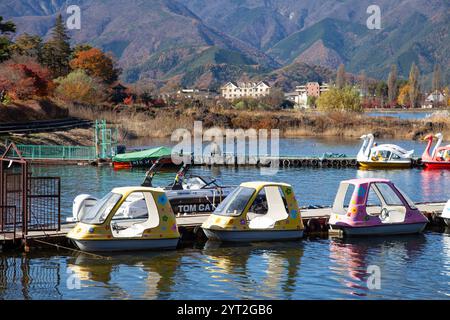 Schwanenboote auf dem Kawaguchi-See (Fujikawaguchiko) während der Herbstsaison. Stockfoto
