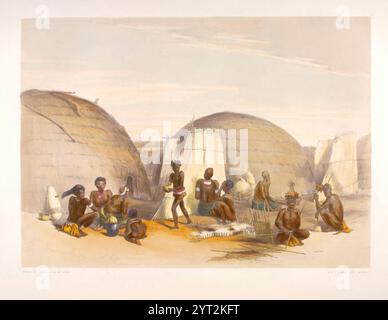 Szene in Einem Zulu Kraal, mit Hütten und Bildschirmen. Vintage Lithographie von Südafrika, von George French Angas, 1840er Stockfoto