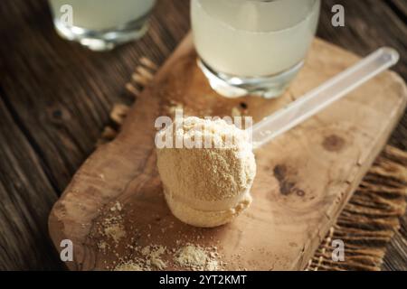 Molkenproteinpulver im Messlöffel Stockfoto