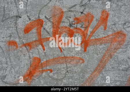 Zeichnungen, Graffiti, Inschriften auf einem alten Stahlbetonzaun, Ziegelmauern. Ungewöhnlicher Text, orangefarbene Signatur mit Sprühfarbe. Stockfoto