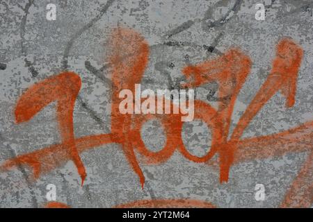 Zeichnungen, Graffiti, Inschriften auf einem alten Stahlbetonzaun, Ziegelmauern. Ungewöhnlicher Text, orangefarbene Signatur mit Sprühfarbe. Stockfoto