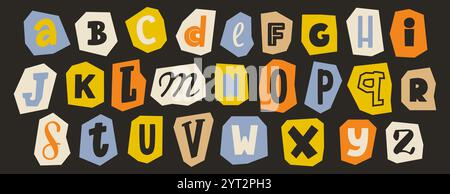 Schneide die Papierkollektion aus. Buntes Collage-Set mit verschiedenen Buchstaben. Niedliches Craft-Doodle-Schriftart-Element-Paket für Dekoration, Poster, Banner, Druck. Verspieltes abc-Paket mit Lösegeld-Erpressung. Vektor Stock Vektor
